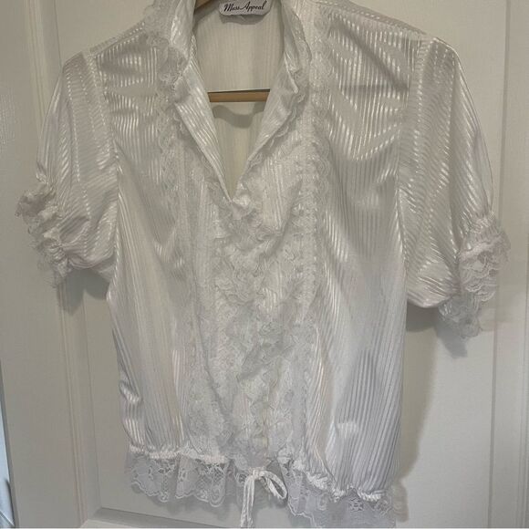 Vintage Mass Appeal Blouse Shimmer White US Large Ruffle Victorian Lace Dramatic - Picture 7 of 13